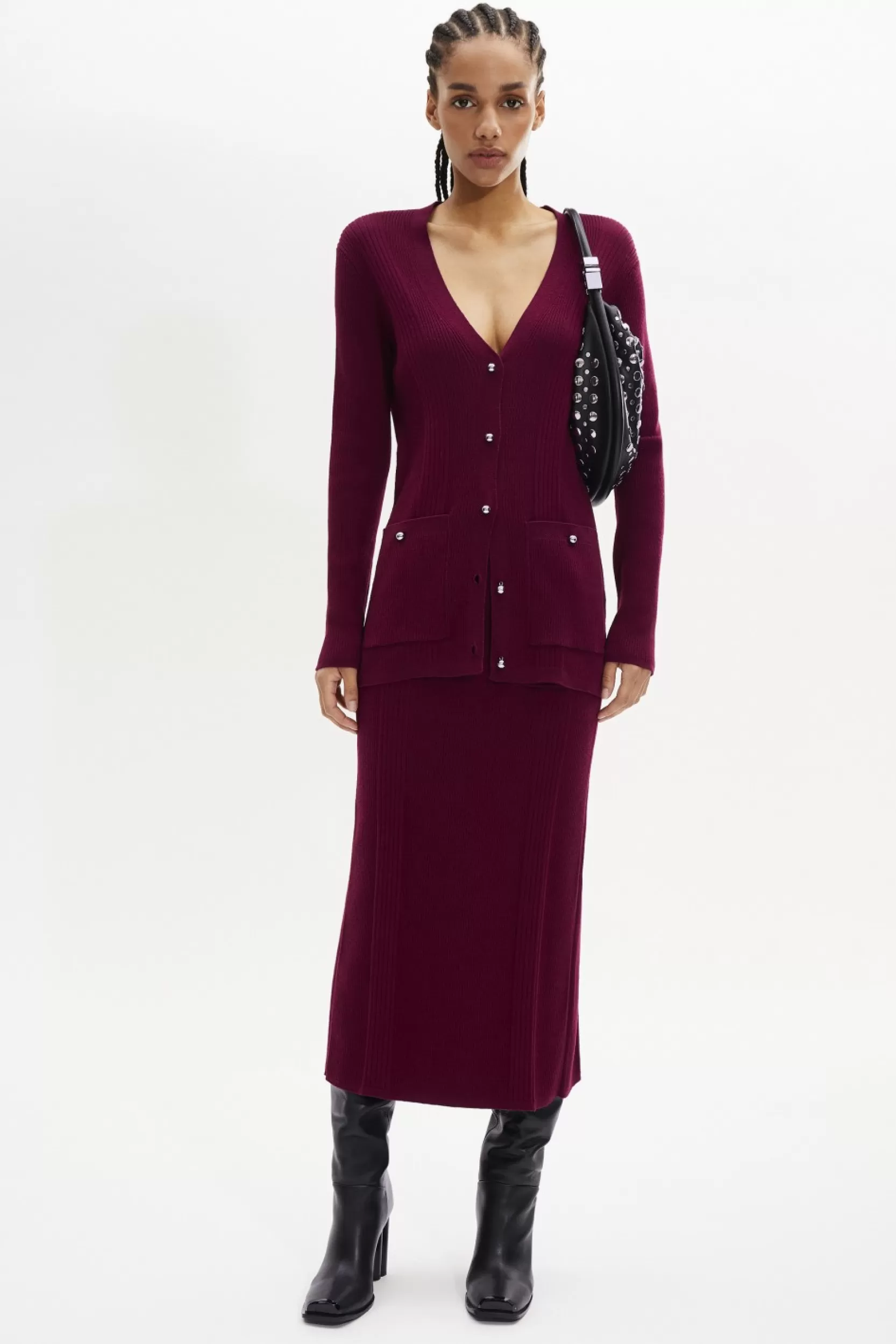 Sonia Rykiel Cardigan Col V A Manches Longues Bordeaux / Rouge Sale