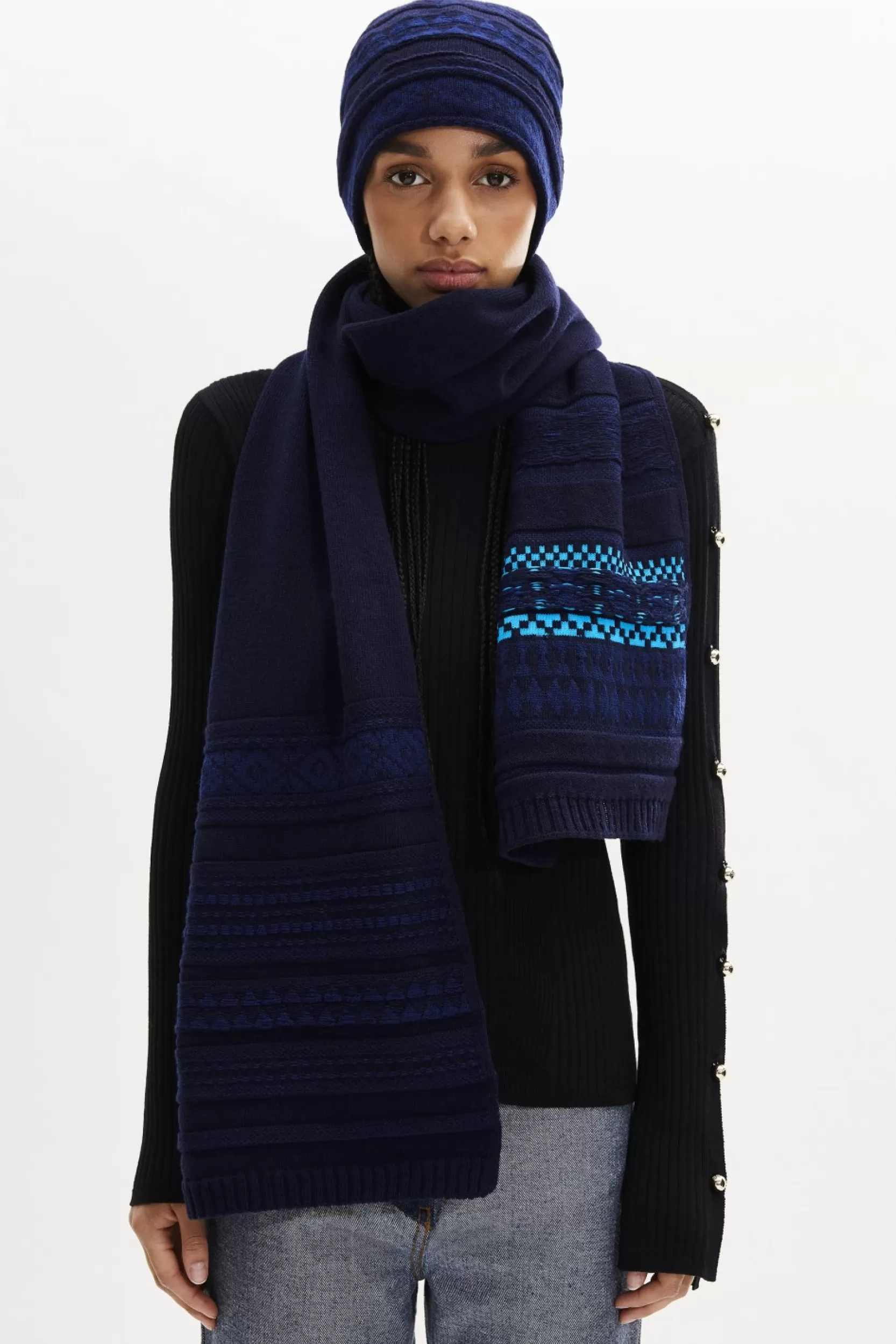 Sonia Rykiel Echarpe Longue Maille Motif Fair Isle Bleu / Bleu Discount