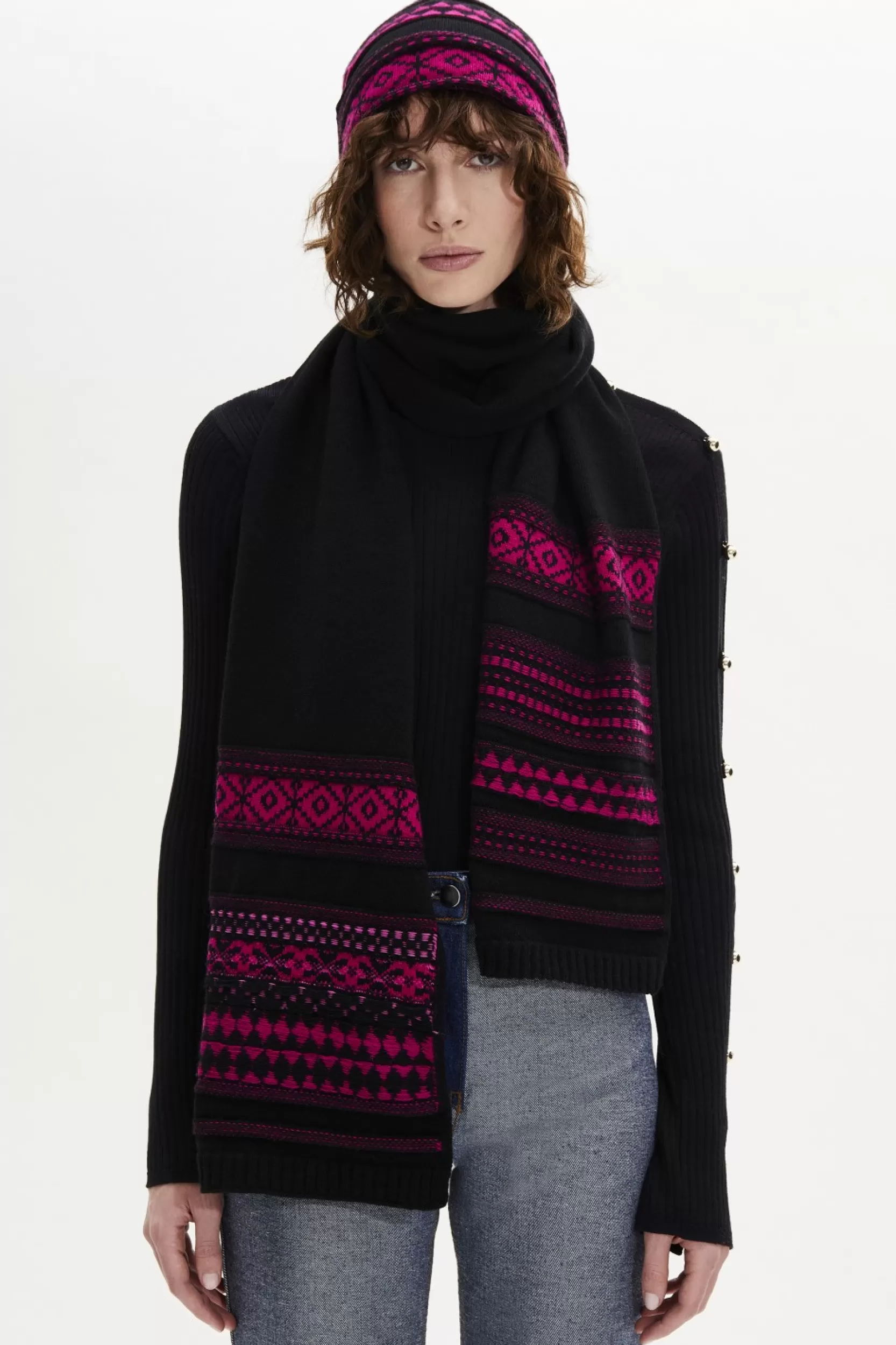 Sonia Rykiel Echarpe Longue Maille Motif Fair Isle Fuchsia / Violet Shop