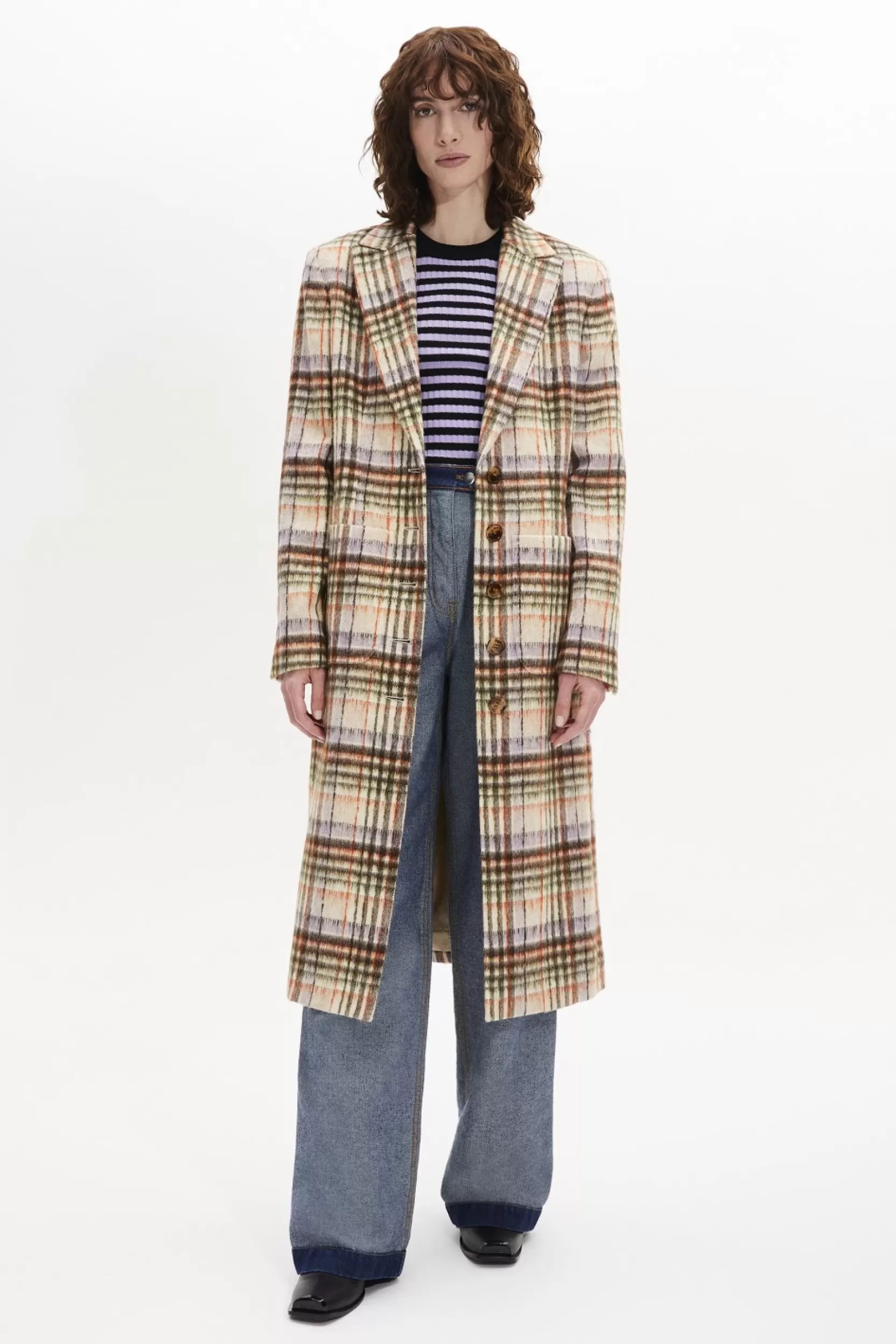 Sonia Rykiel Manteau Motif Tartan En Laine Brosse Carreaux Ecru/Lilas / Multi Cheap