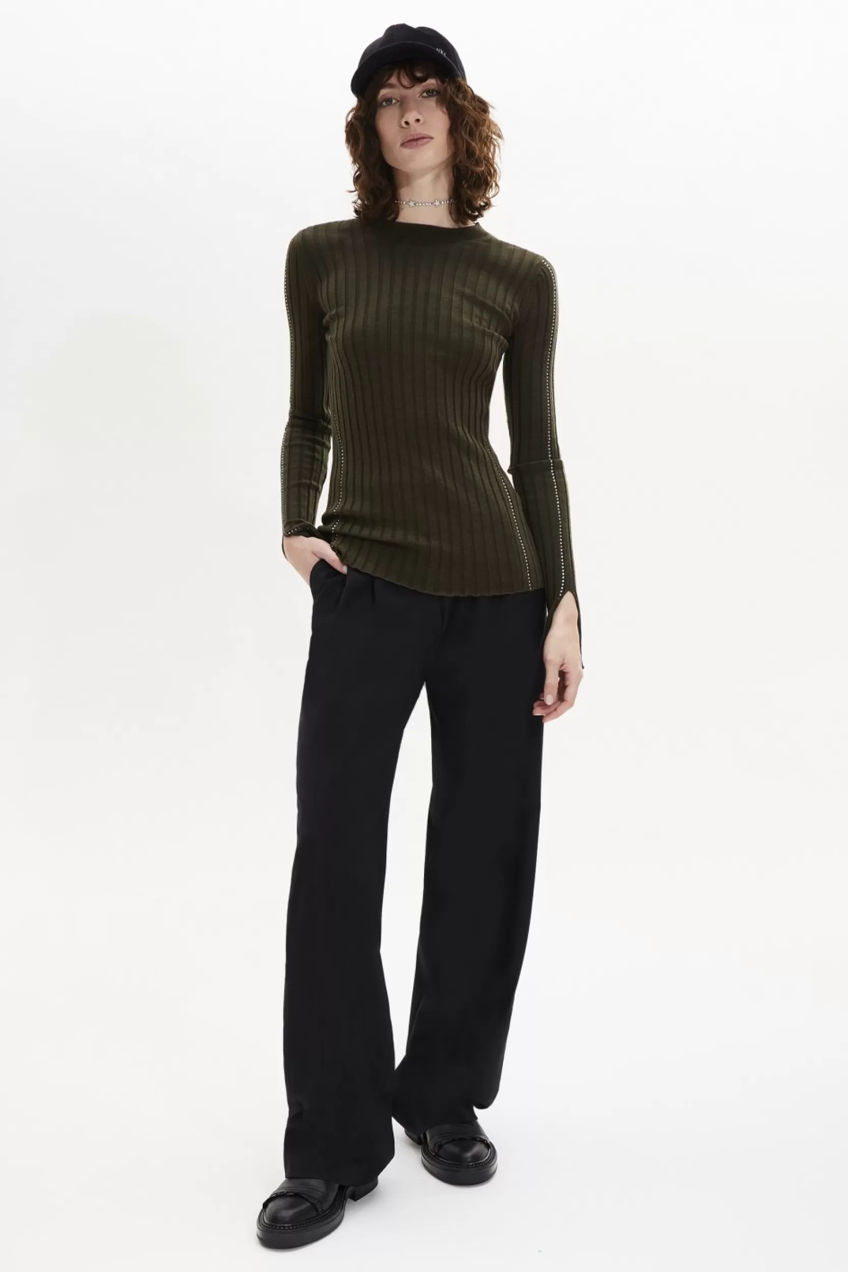 Sonia Rykiel Pull Col Rond A Manches Longues Fendues Kaki / Vert Outlet