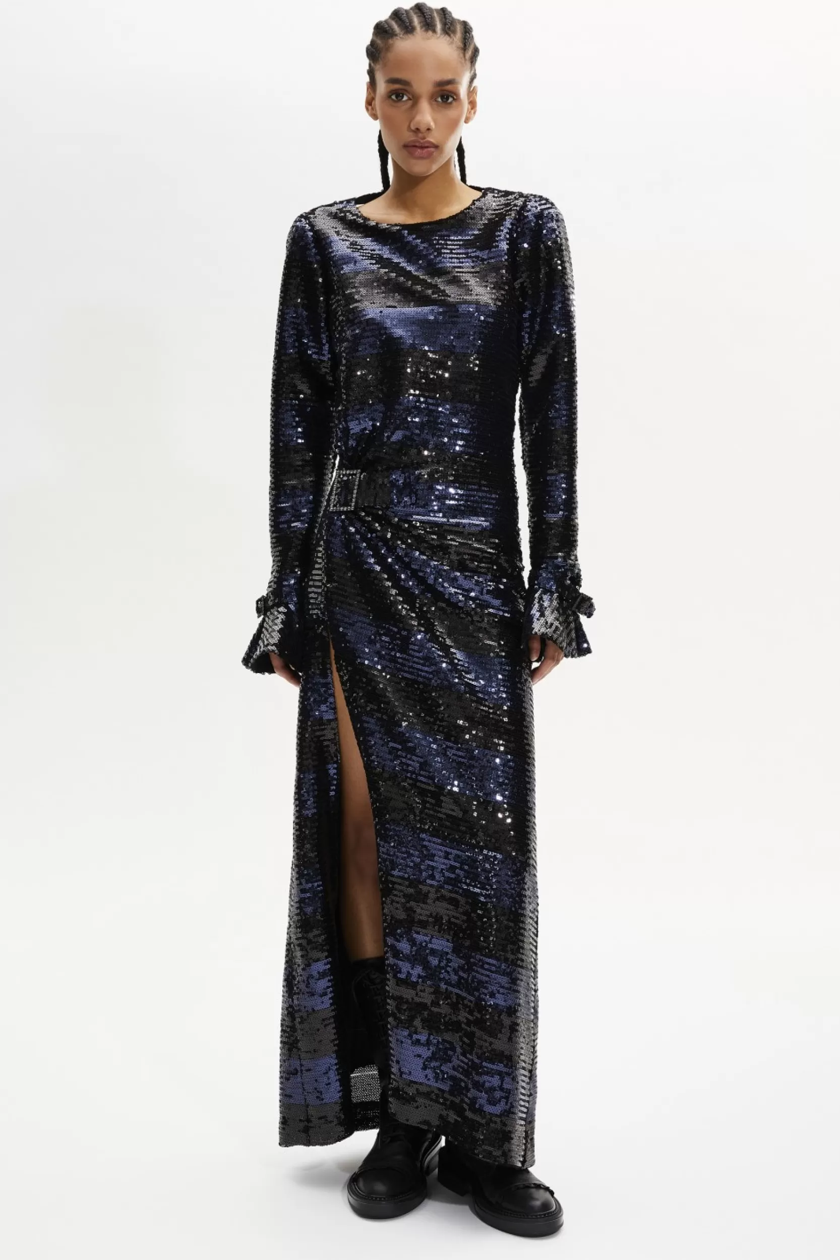 Sonia Rykiel Robe Longue Dos Nu En Sequins Rayes Silver/Navy / Multi Cheap