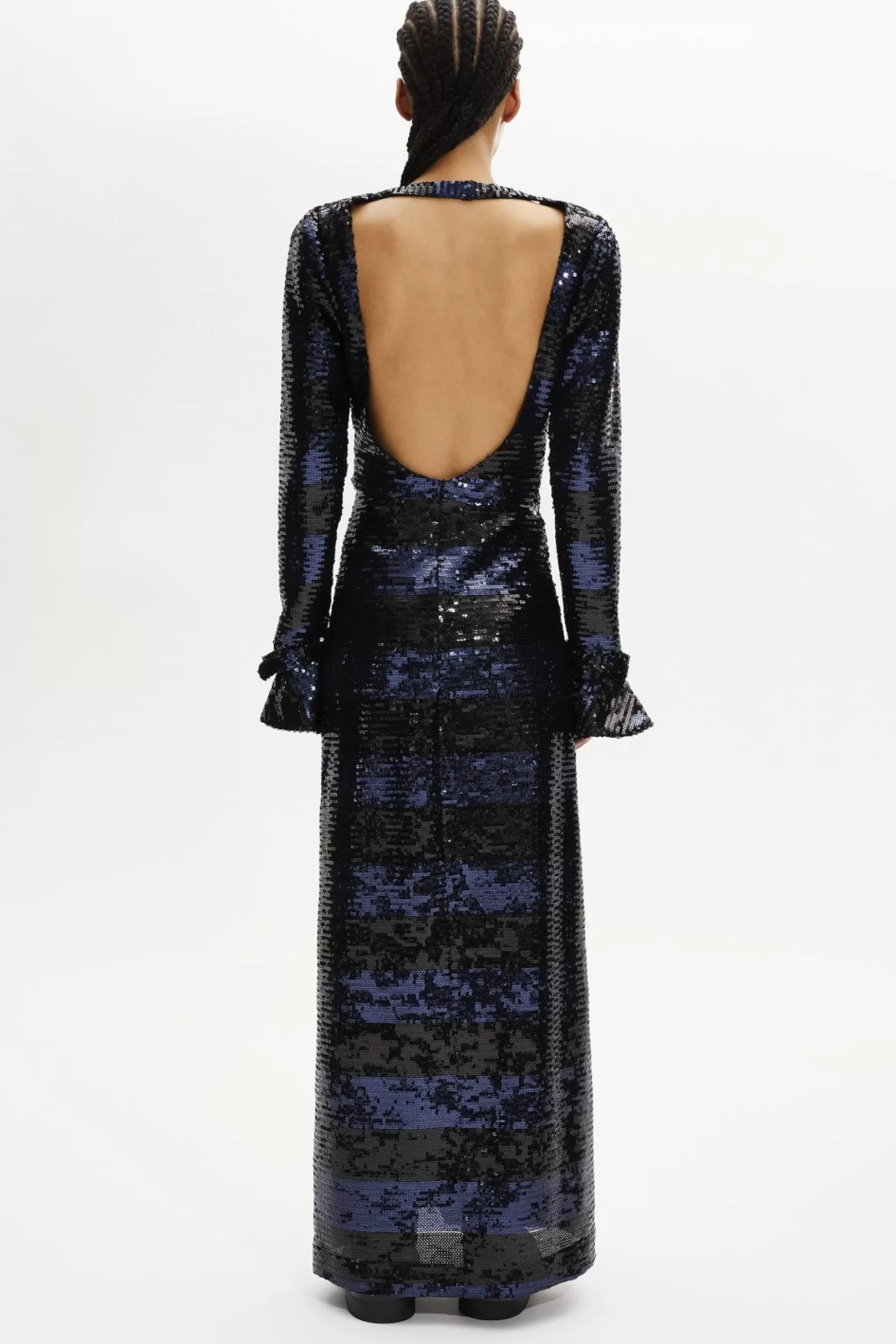 Sonia Rykiel Robe Longue Dos Nu En Sequins Rayes Silver/Navy / Multi Cheap